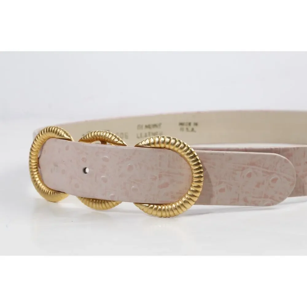 VTG Carlisle Blush Pink Ostrich Leather Belt Gold Ribbed Triple Ring Buckle M